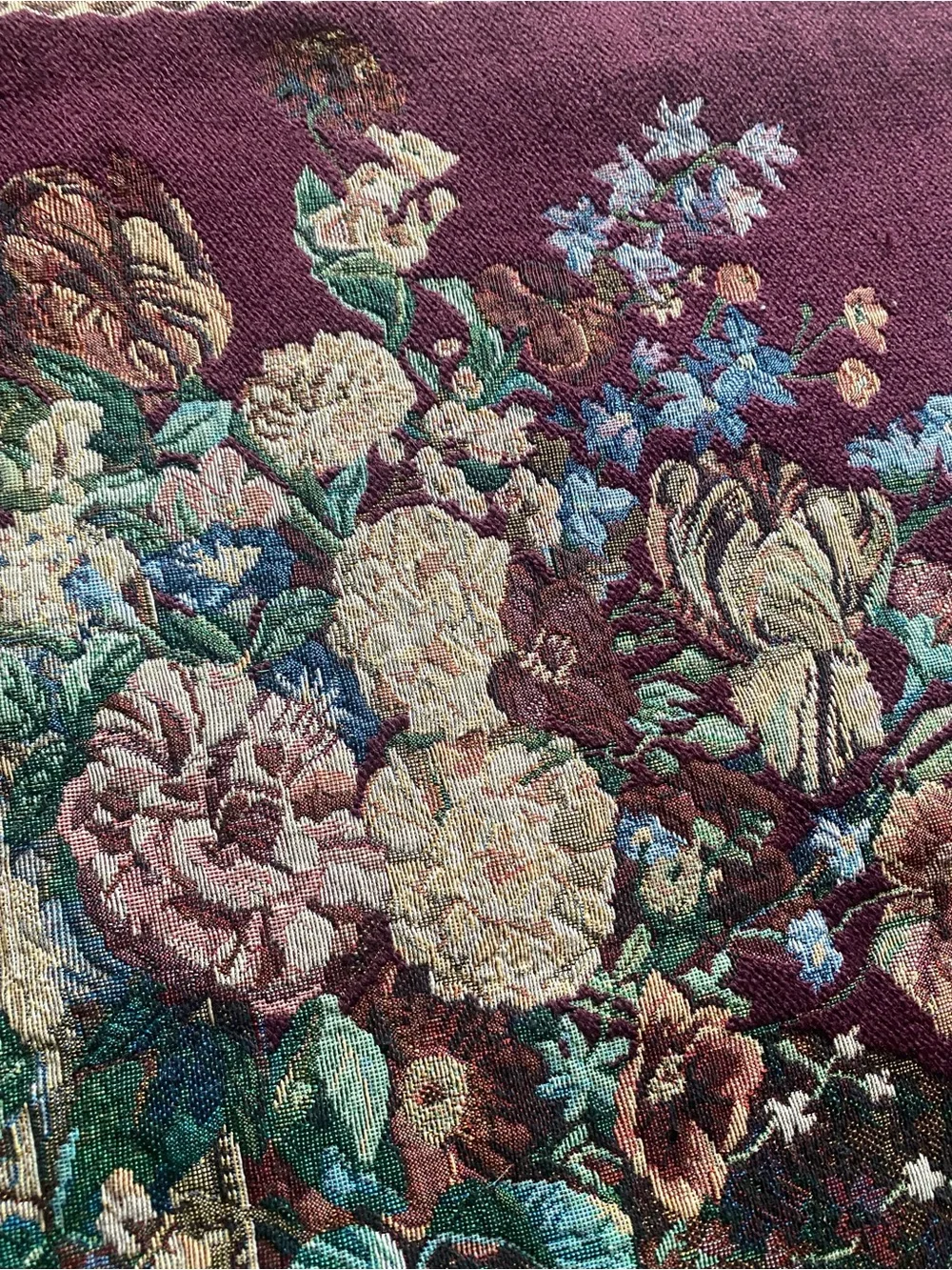 Vintage Wall Tapestry Aubusson Style Floral Birds Fringe Woven Textile 55” x 37”